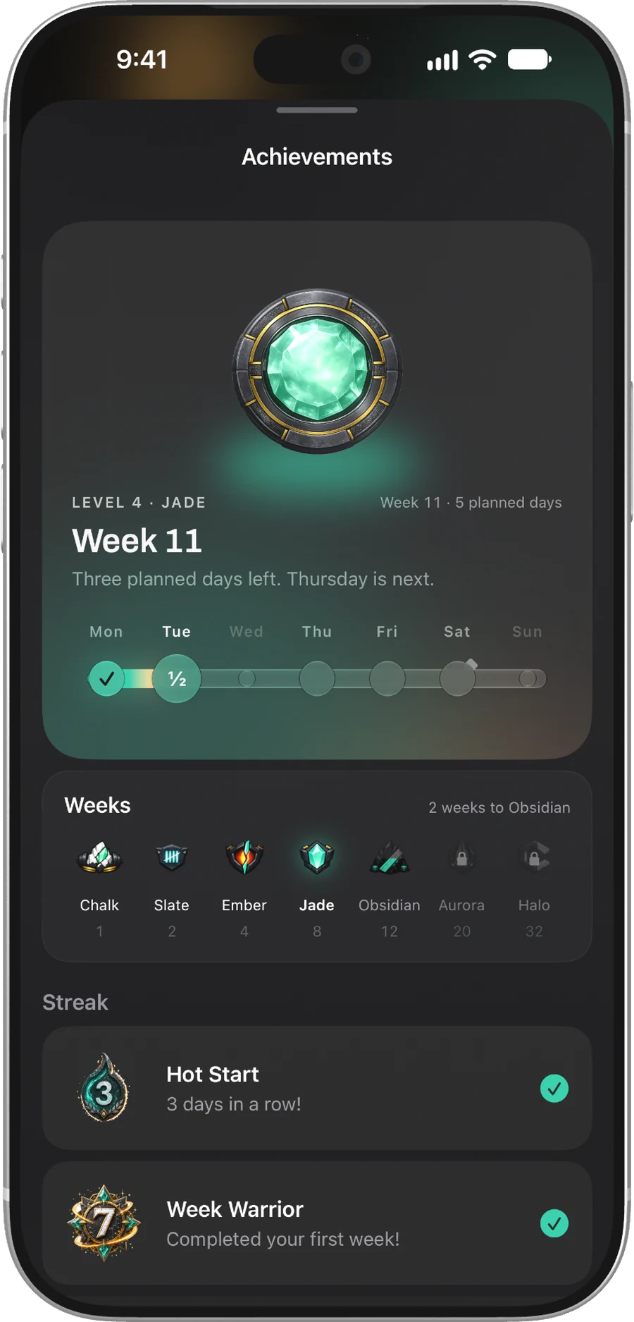 Chalky achievements showing Jade level, weekly training progress, and earned streak milestones