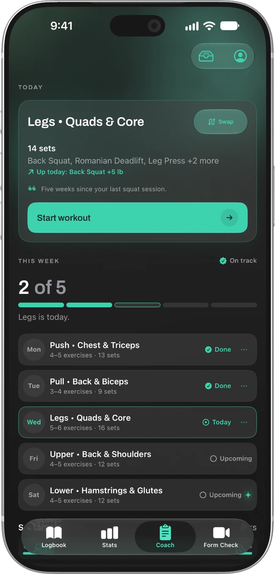 Chalky Coach showing today’s legs workout and completed and upcoming sessions