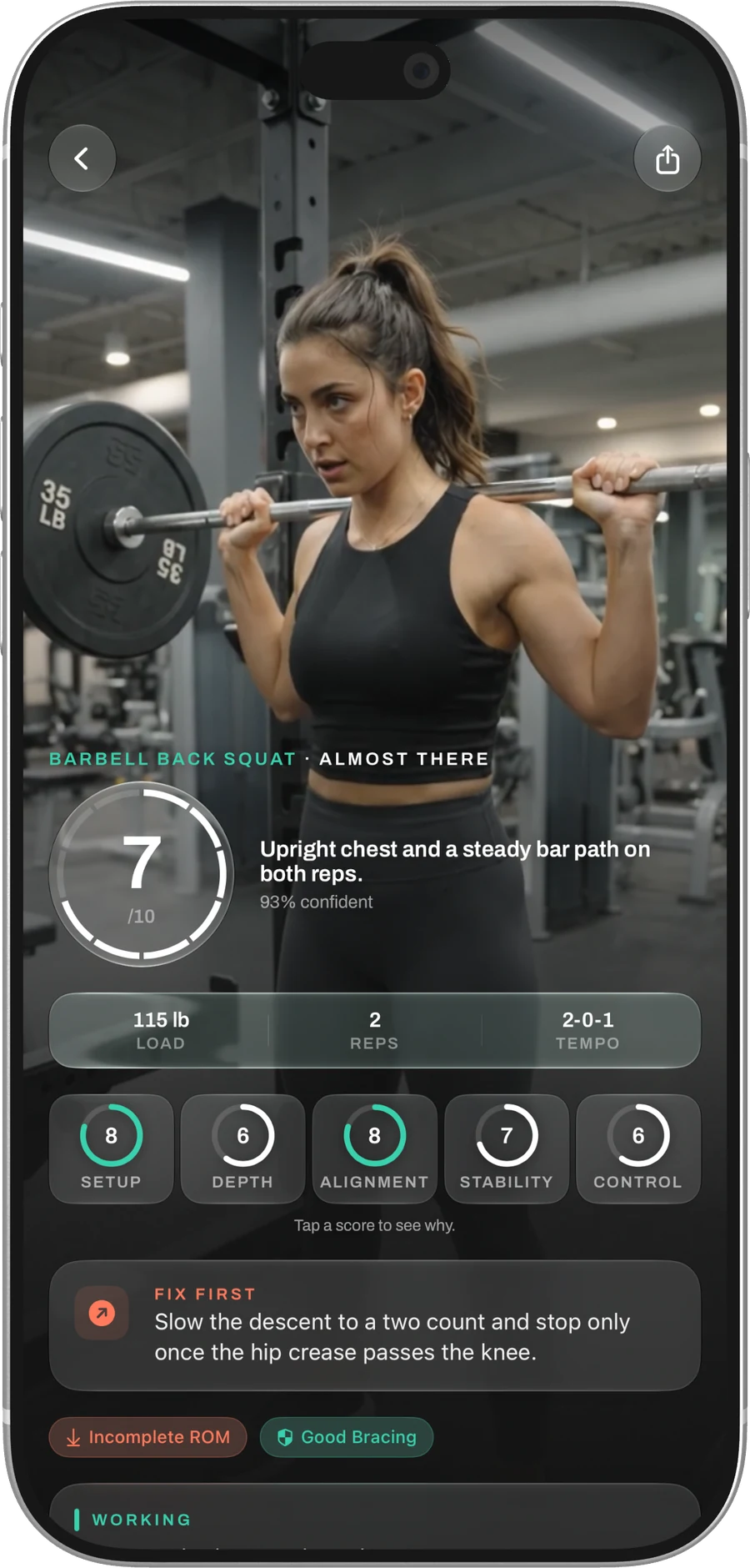 Chalky Form Check reviewing a barbell back squat with a score, depth and alignment ratings, and a priority correction