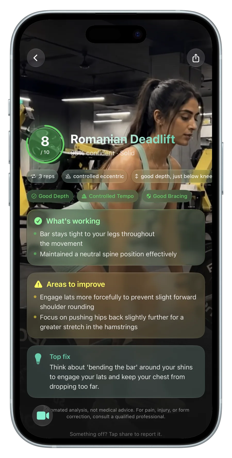 Chalky Form Check reviewing a Romanian deadlift with a score, strengths, improvements, and top fix