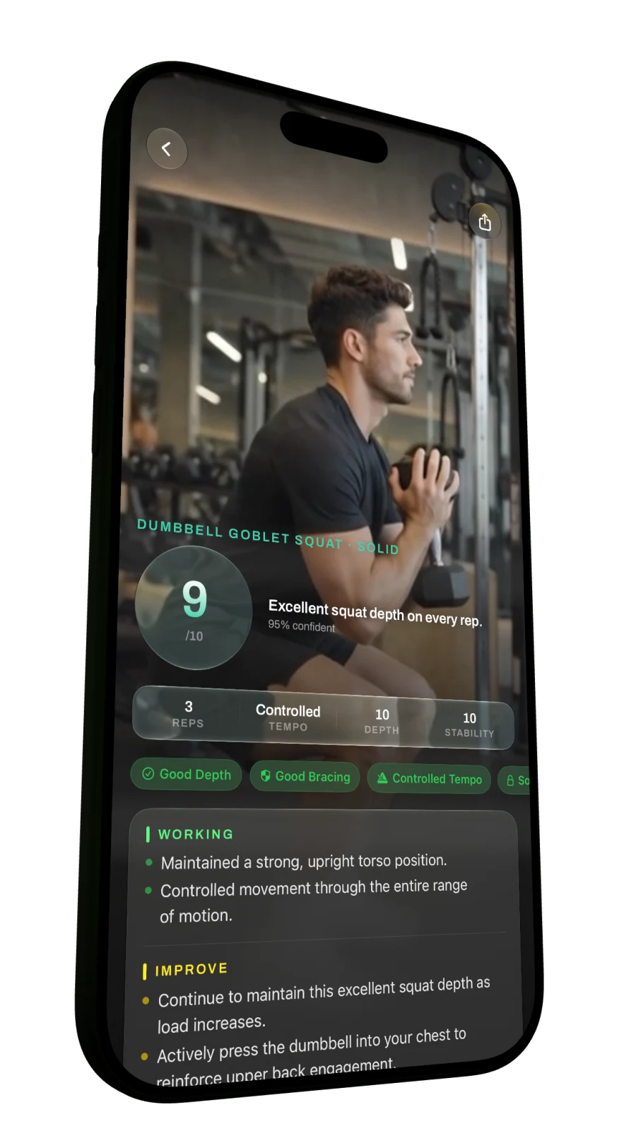 Chalky Form Check reviewing a dumbbell goblet squat with a score, movement details, strengths, and improvements