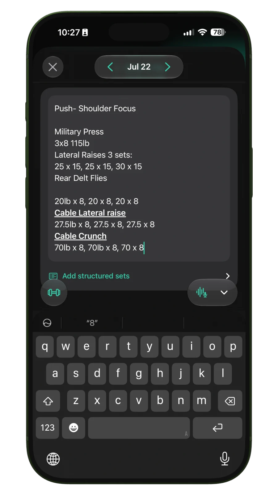 A loose workout note typed naturally into Chalky before it is structured