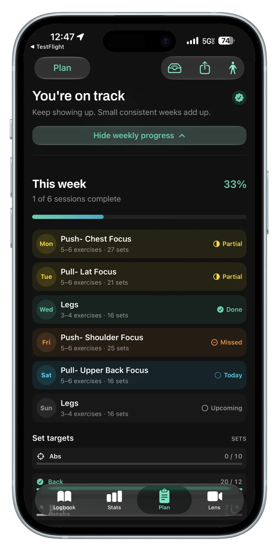 Chalky weekly plan progress showing completed, partial, missed, current, and upcoming sessions