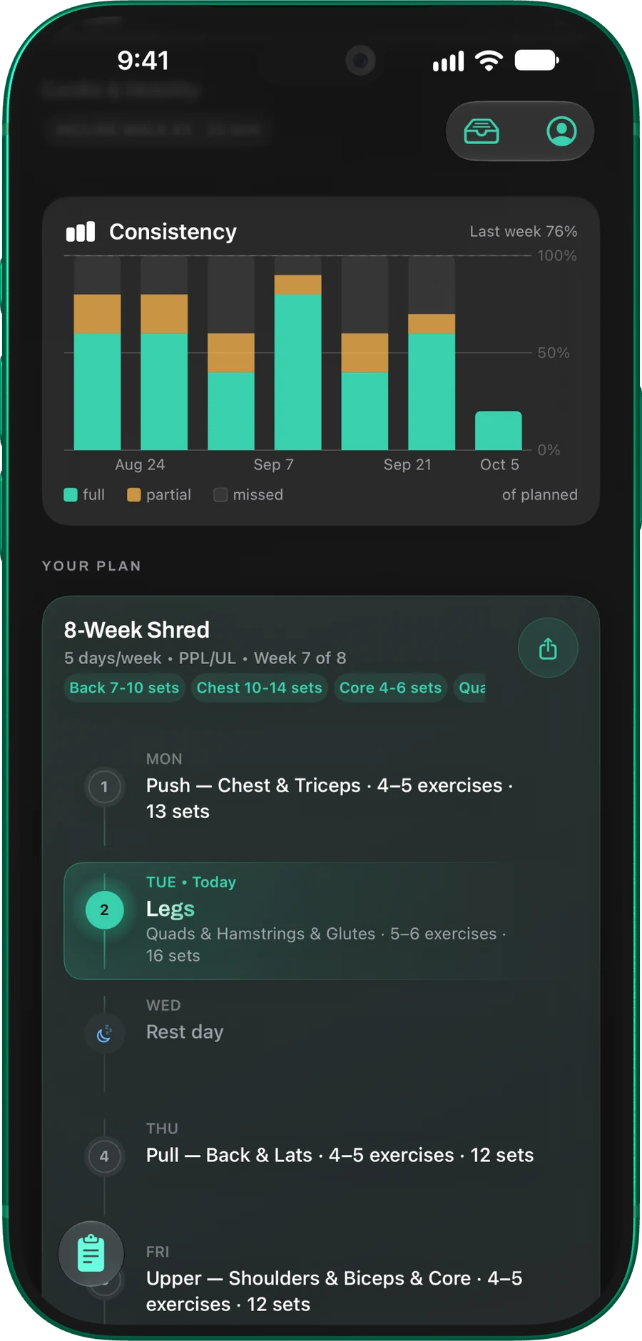 Chalky eight-week training plan with consistency history and focused workouts