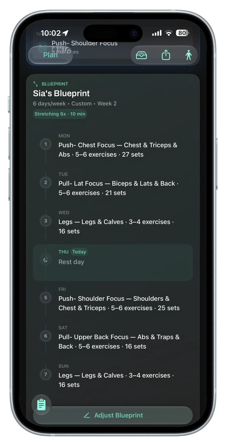 A seven-day Chalky training blueprint with focused push, pull, legs, and rest sessions