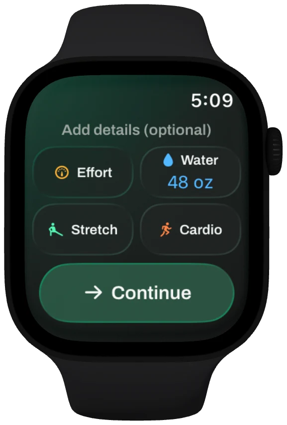 Chalky on Apple Watch with optional effort, water, stretching, and cardio details at the end of a workout