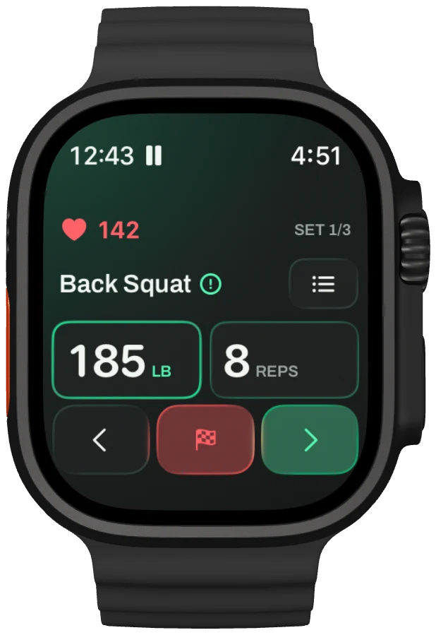 Chalky on Apple Watch showing a back squat set with 185 pounds, 8 reps, heart rate, and set controls