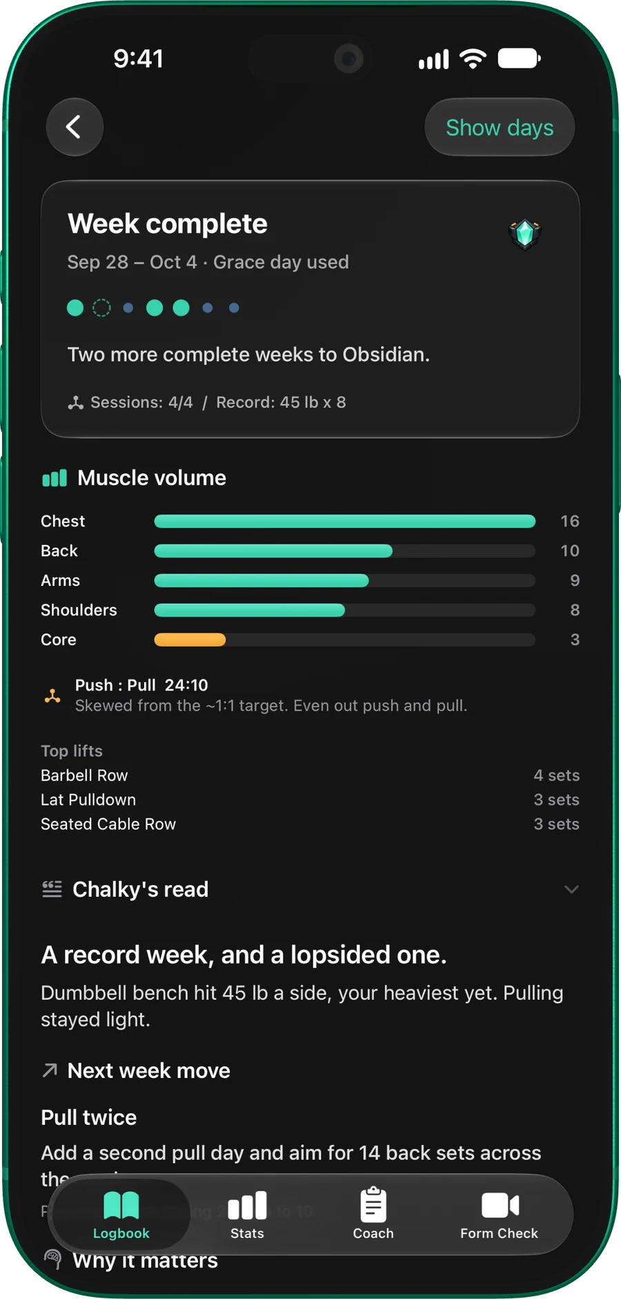 Chalky completed-week analysis with muscle volume and a recommendation to pull twice next week