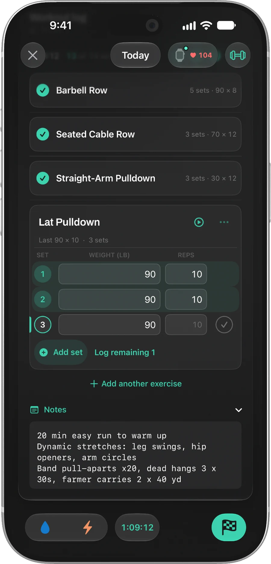 Chalky live workout with completed rows, lat pulldown sets, weights, reps, and workout notes