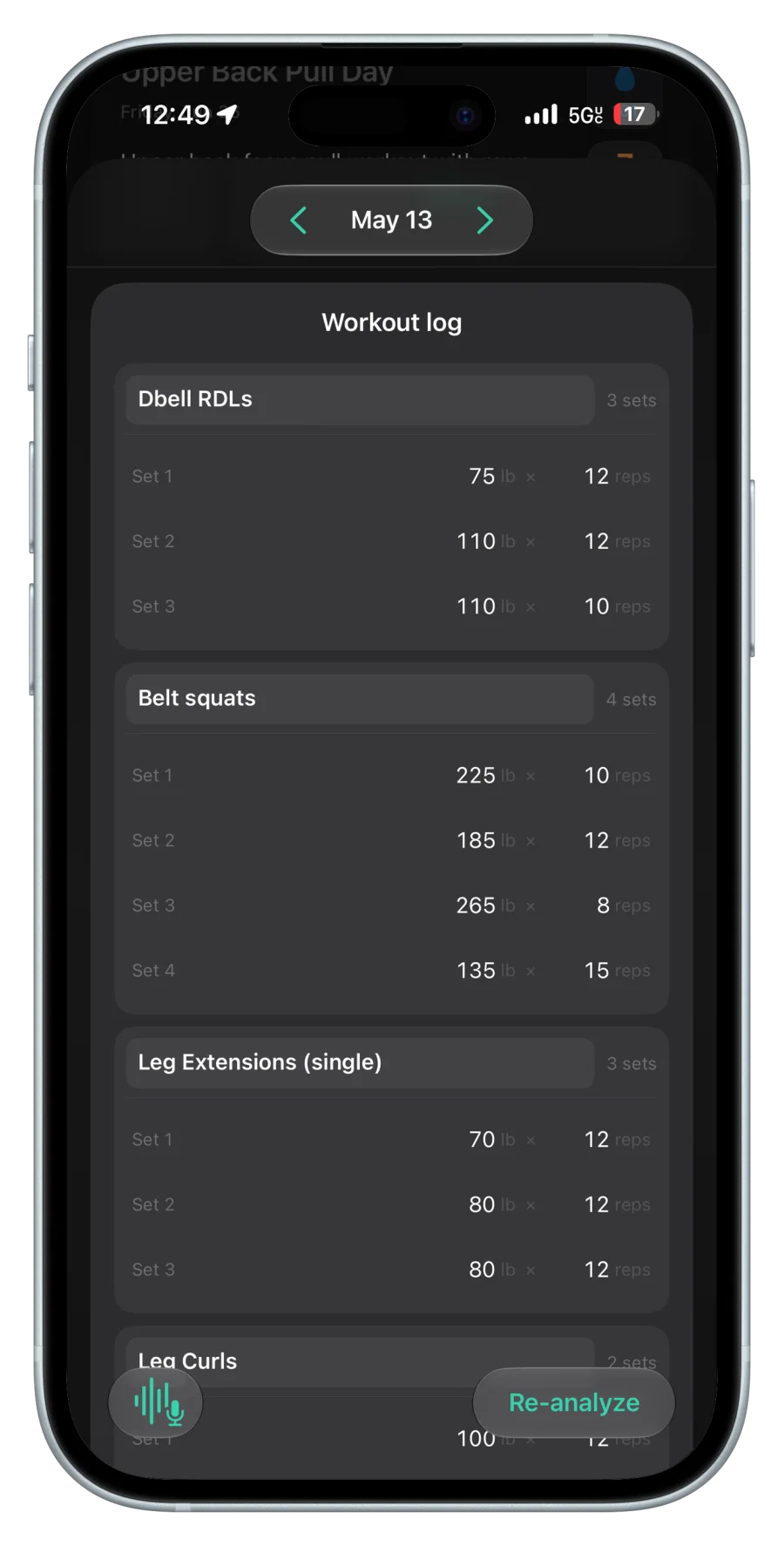 A structured Chalky workout log with exercises, sets, weights, and reps
