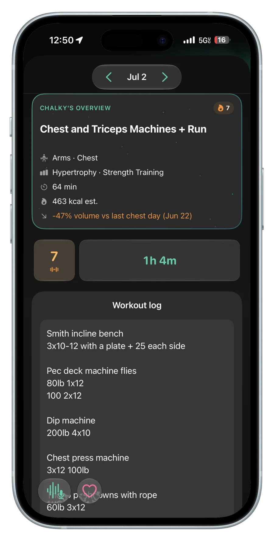 Chalky workout overview with training focus, duration, estimated energy, and original notes