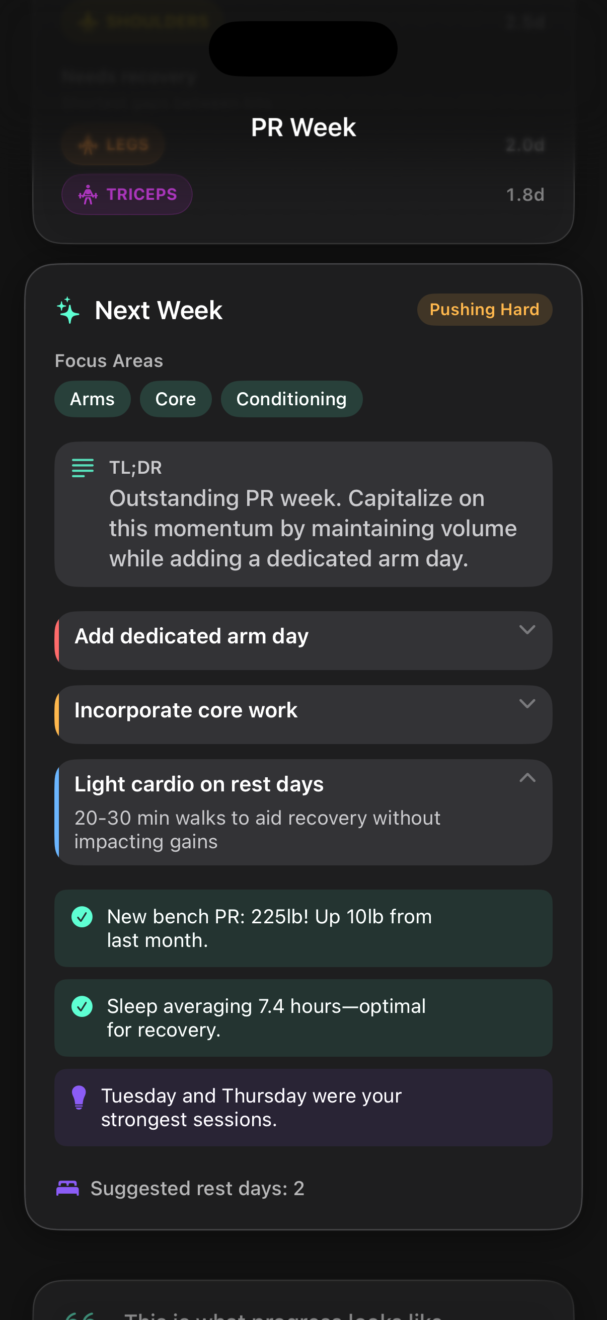 Weekly training stats dashboard showing volume trends, muscle group balance, and progress insights